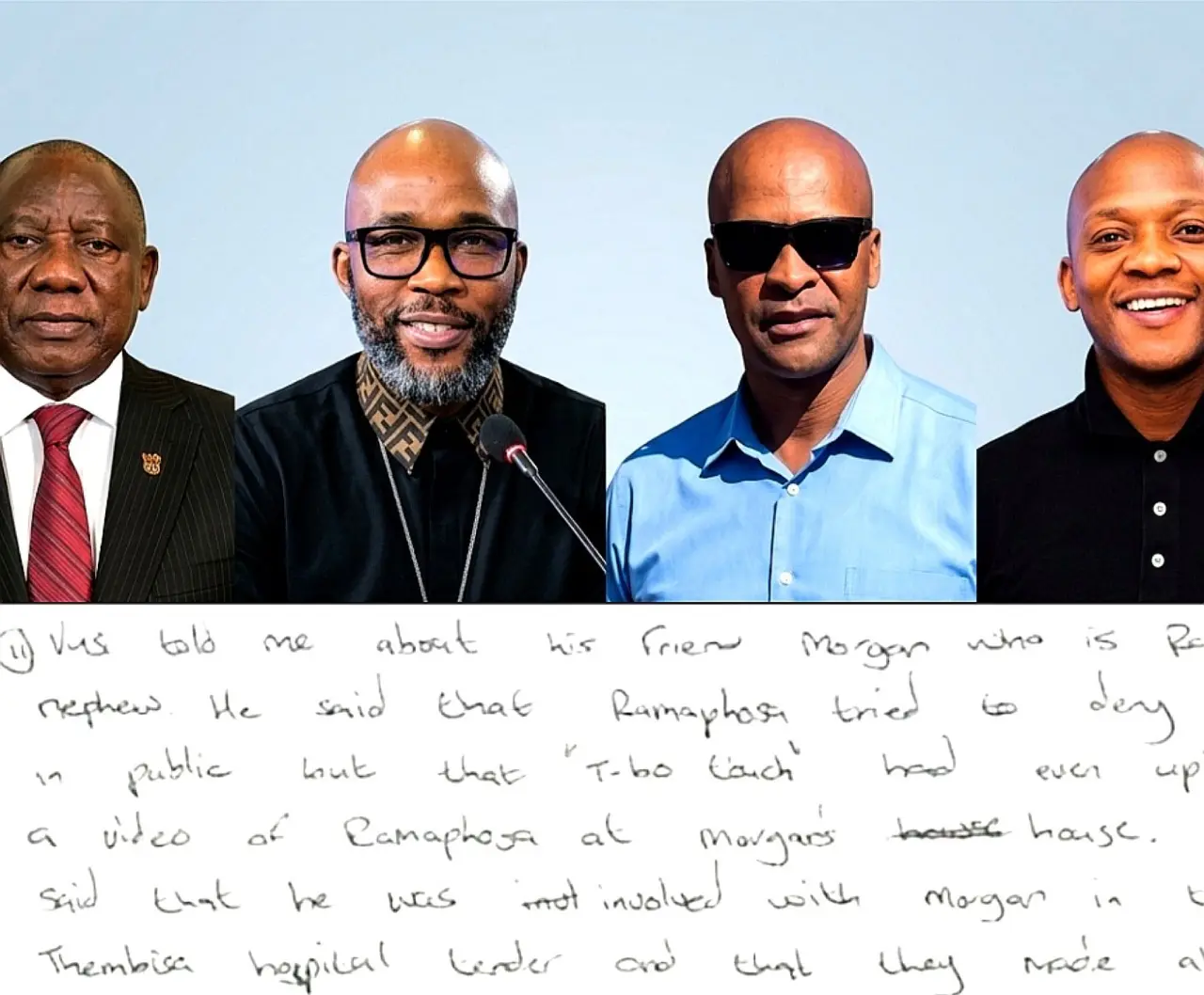 Four men, each in formal attire, are aligned side by side against a light blue background. Below, handwritten text is partially visible on white paper.