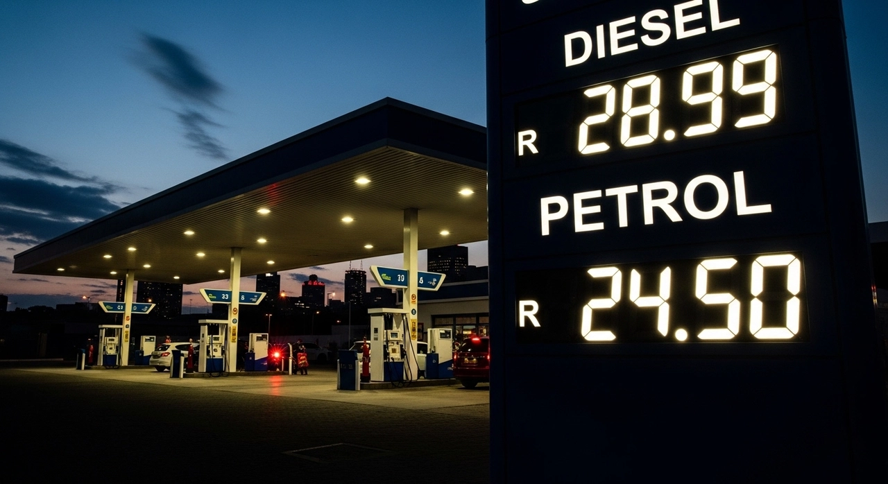 Gas station at dusk with illuminated fuel prices; diesel at 28.99, petrol at 24.50. A few cars are parked at pumps, under a darkening sky.