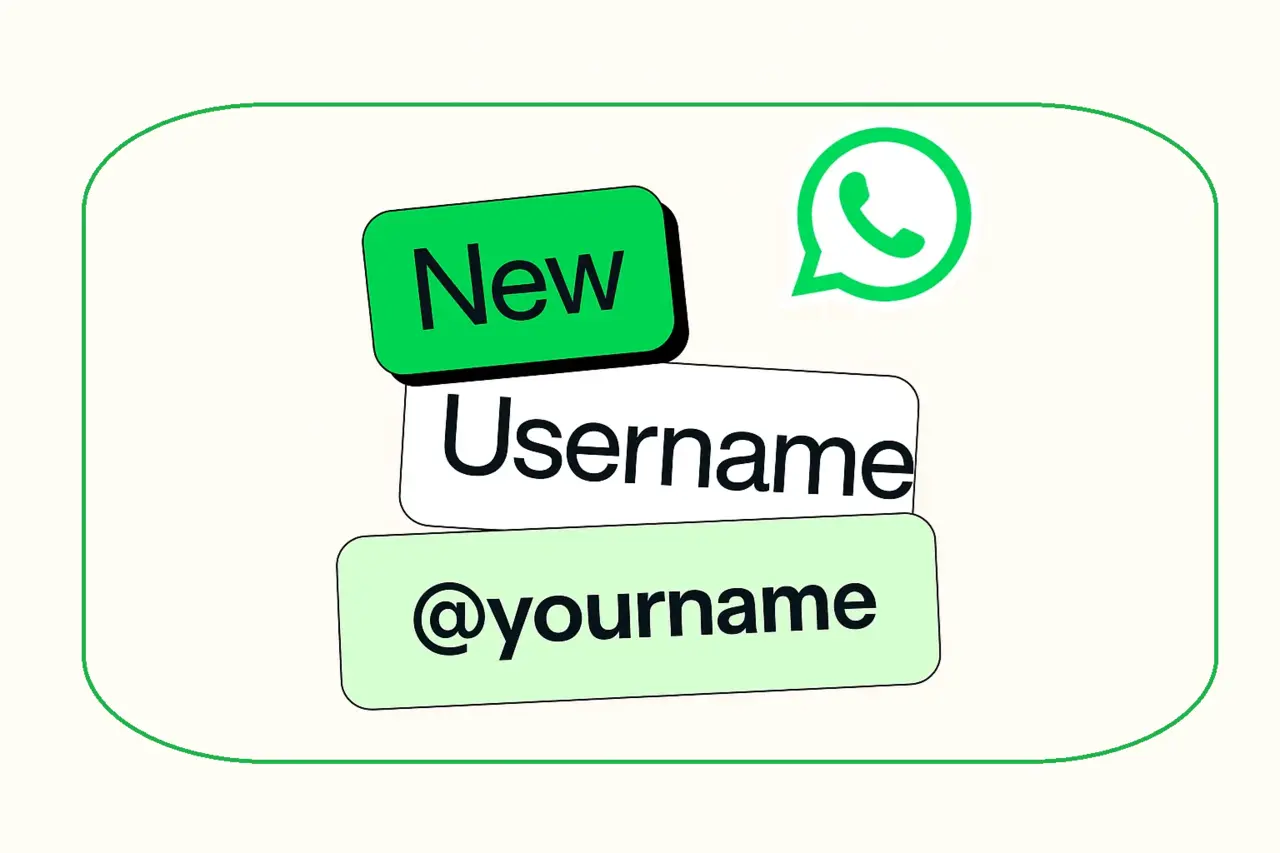 A graphic showing the words "New Username @yourname" in stacked rectangles, next to a green WhatsApp logo. The design is simple and modern.