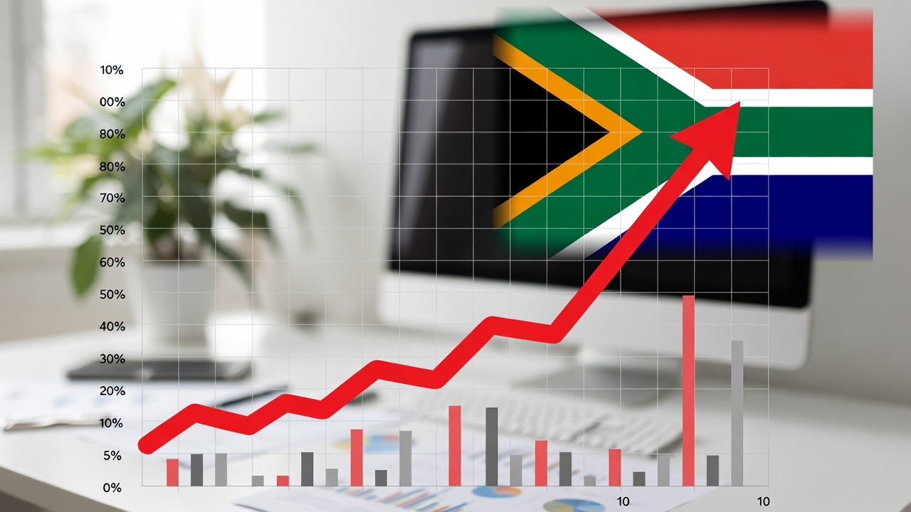 A red arrow on a graph ascends sharply in front of a South African flag, symbolizing economic growth, with a blurred office background.