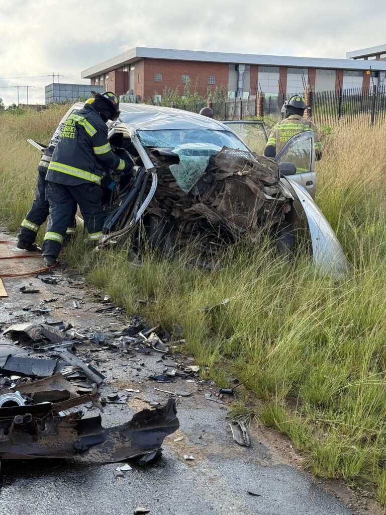 Two firefighters in gear assess a heavily damaged car in tall grass; debris is scattered on the road, conveying a scene of recent accident.